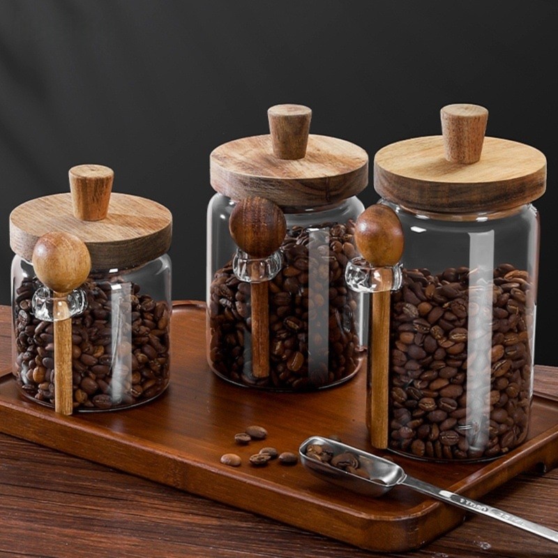 Coffee Tea Sugar Canister Set - ABJI-Glass Jar With Wooden Lids And